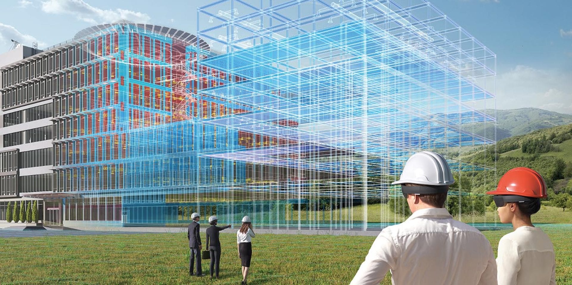 Dva projektanti v helmách s virtuálními brýlemi na očích se dívají na krajinu, ve které je digitální obraz budoucí stavby