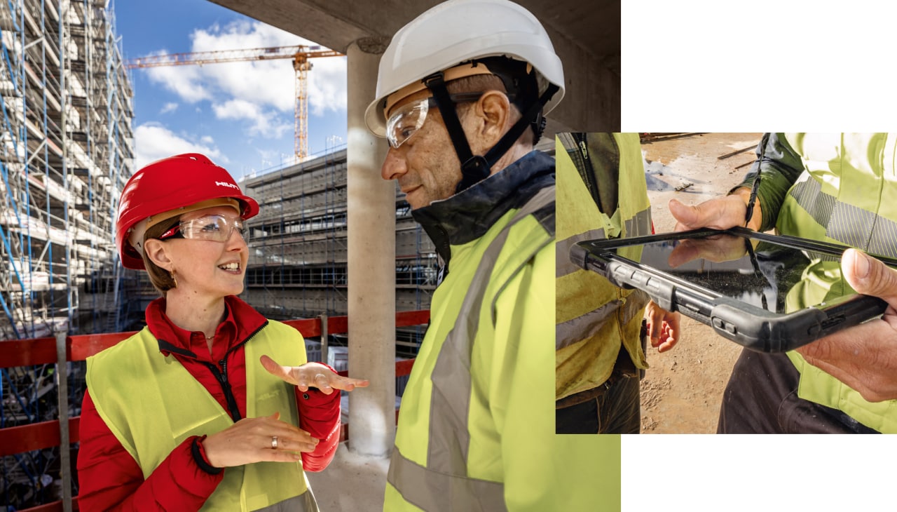 Dva obrázky: Pracovnice Hilti hovoří se zákazníkem na stavbě, na druhém obrázku je detail na ruce projektanta, který drží tablet