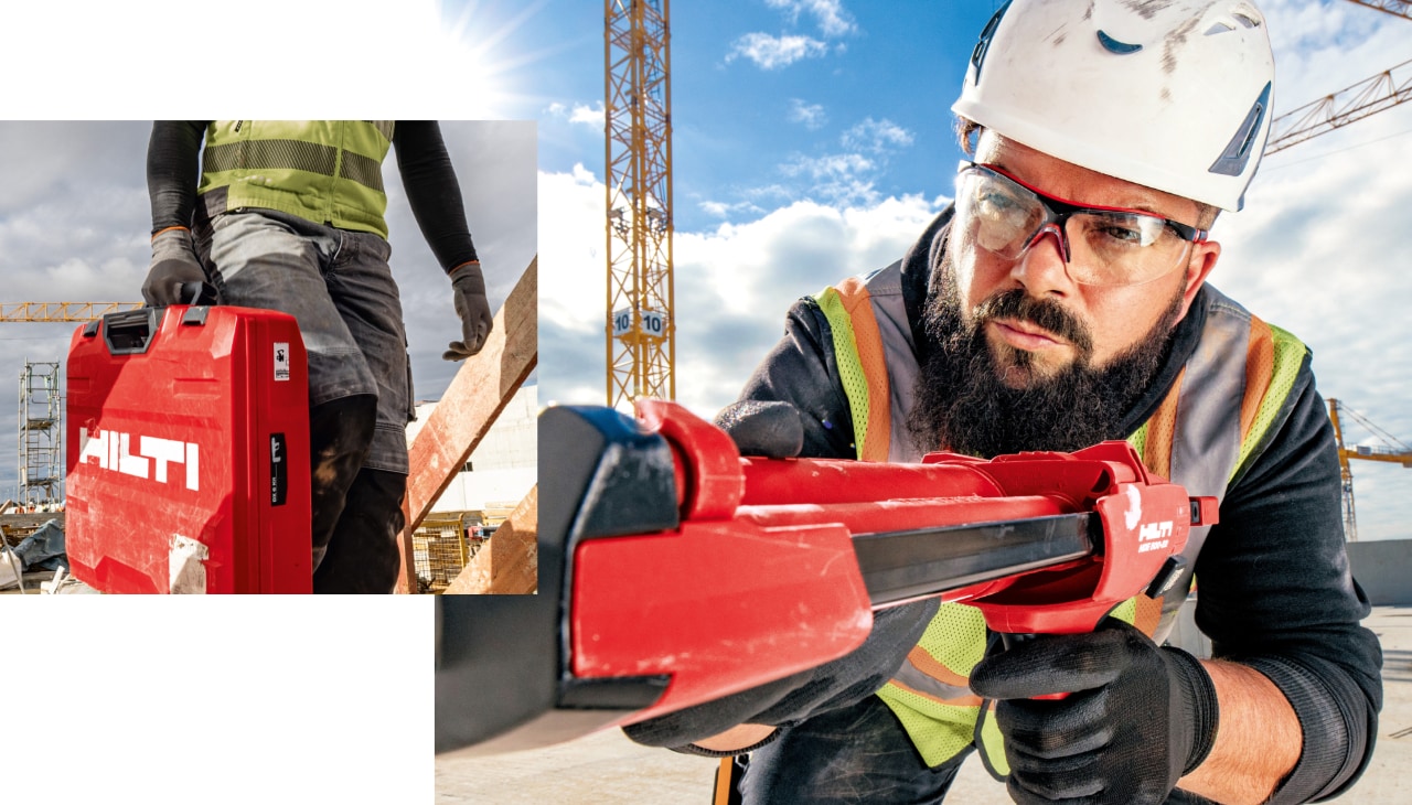 Dva obrázky: Na prvním je červený kufr Hilti na nářadí, na druhém obrázku je pracovník na stavbě s vytlačovací pistolí HiltiHilti