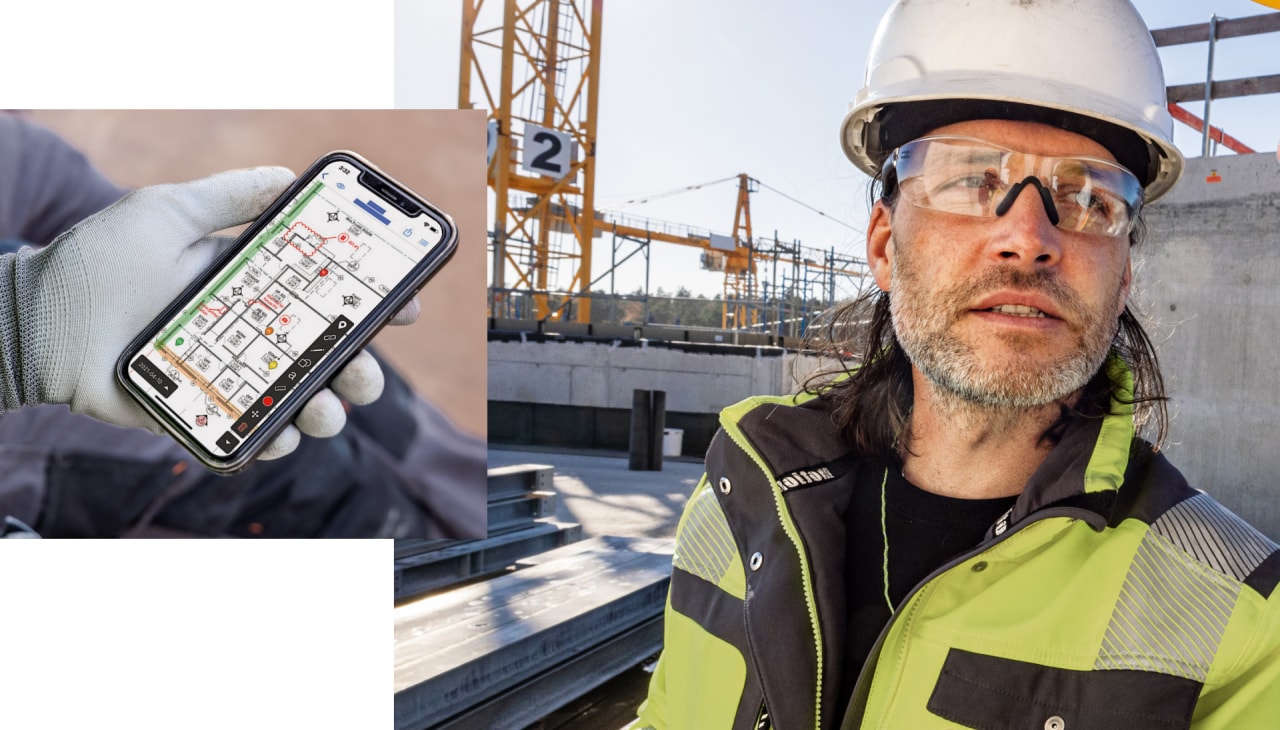 Dva obrázky: Na prvním je mobilní aplikace, na druhém stavební inženýr na stavbě