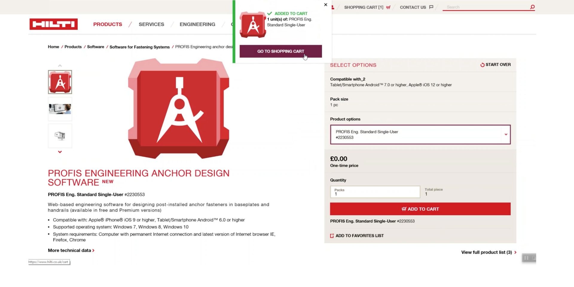Screen shot of PROFIS Engineering Suite being added to the shopping cart