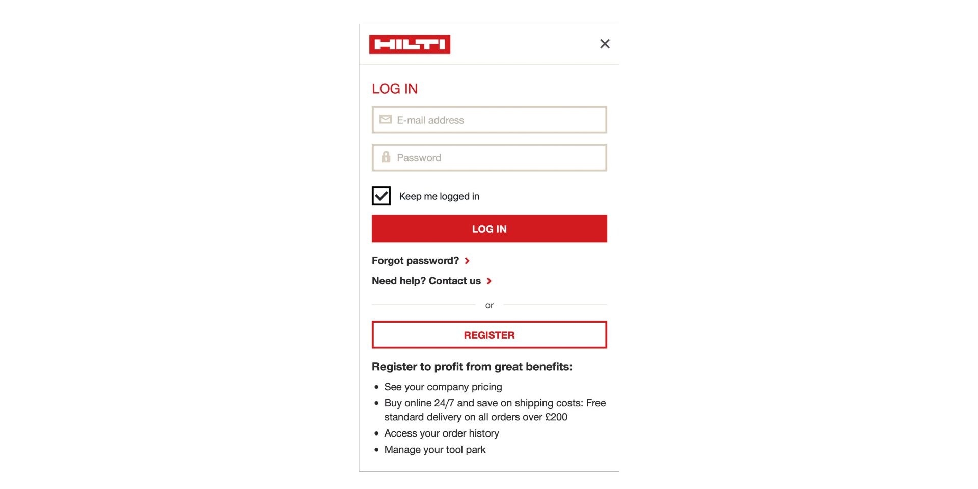 Log-in screen Hilti Account Tool