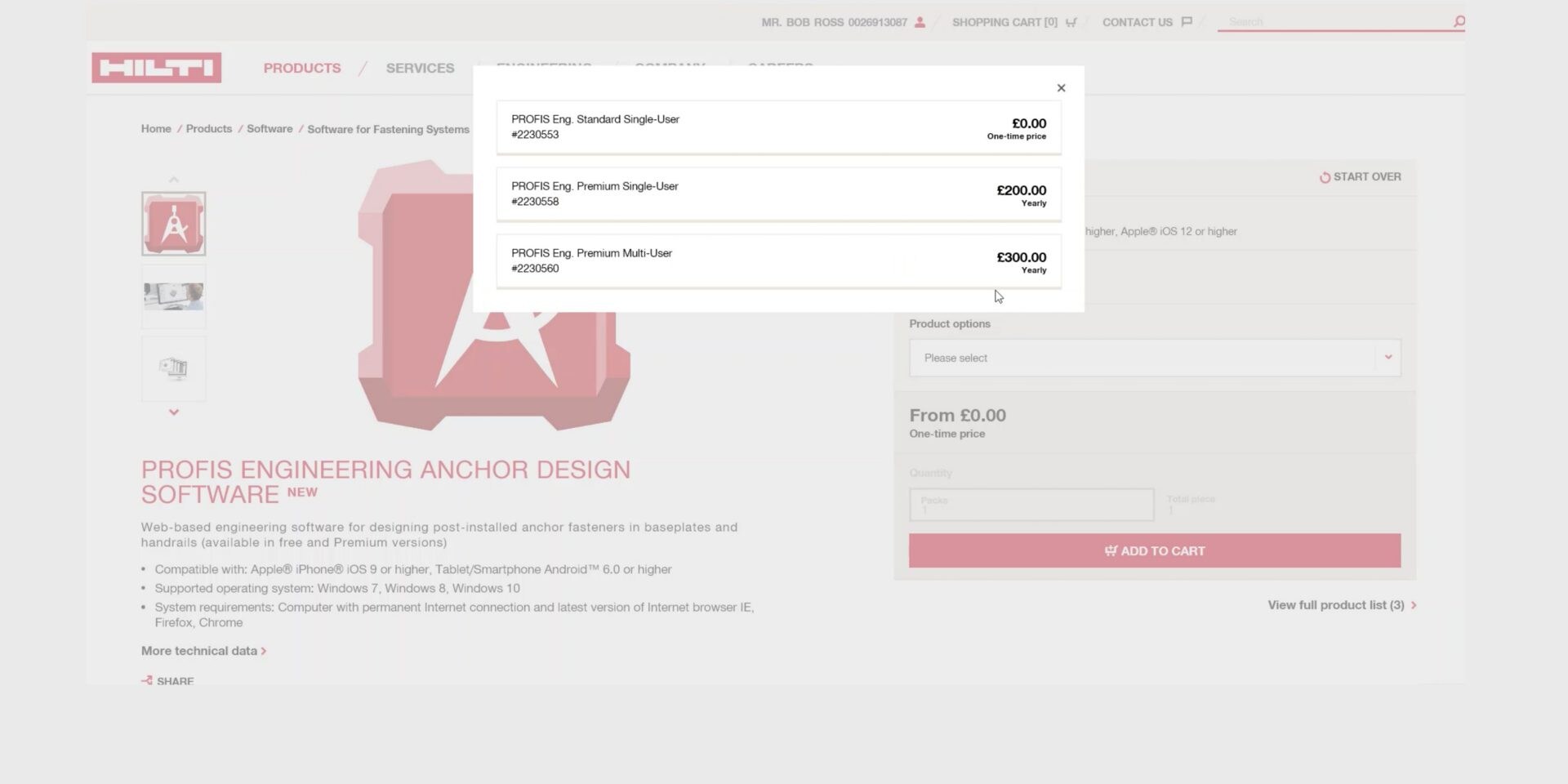 Screenshot of the Select PROFIS Engineering license software screen