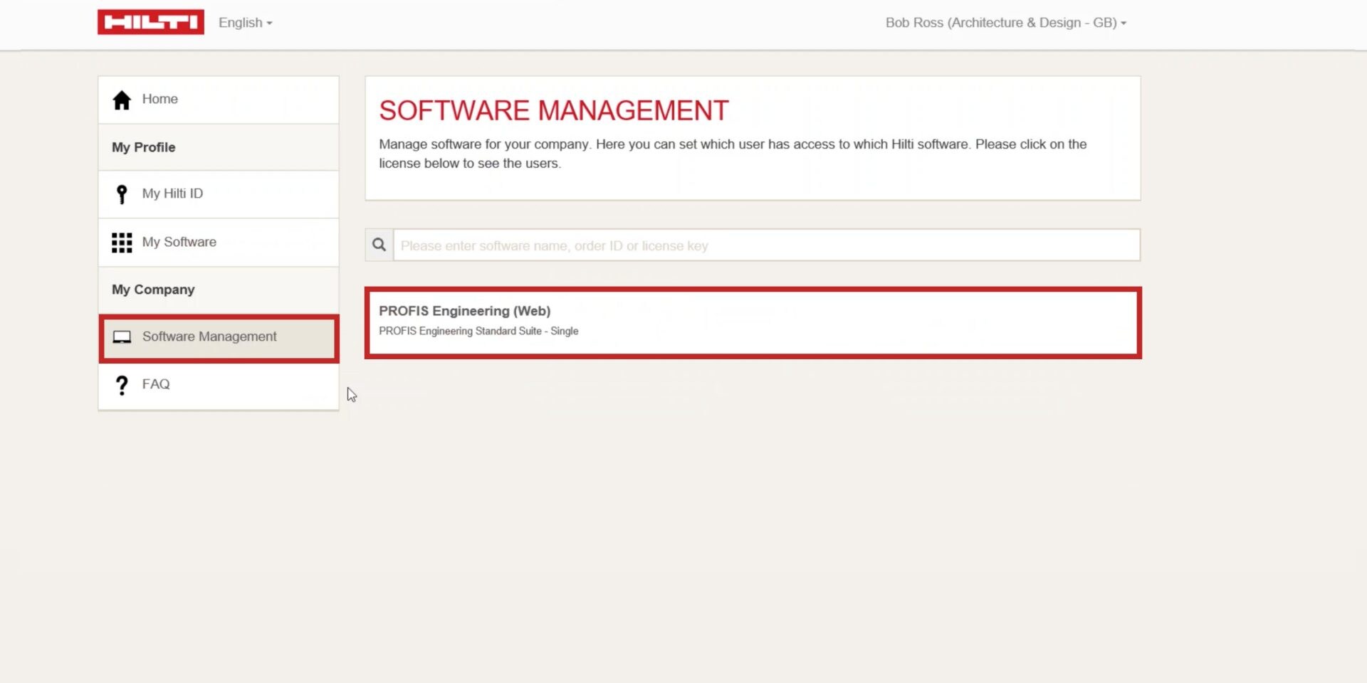 Screenshot of software and overview of license page