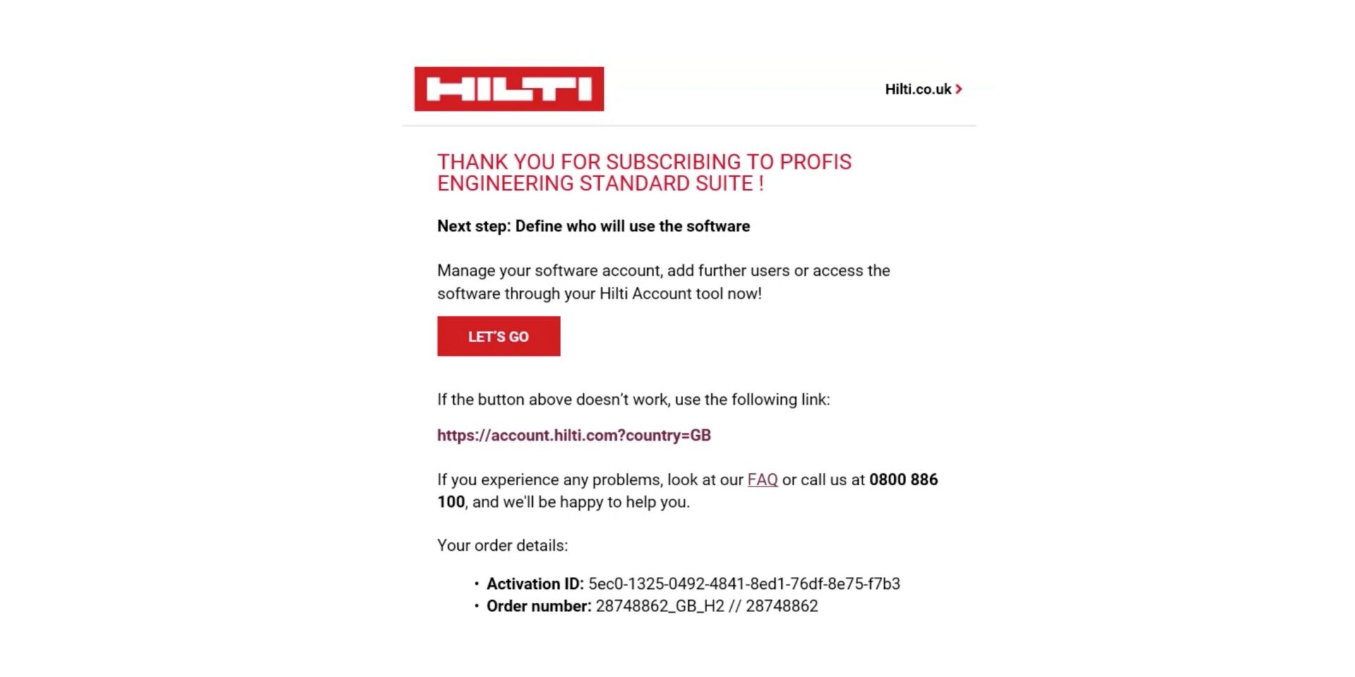 Screenshot showing the email with the link to the Hilti account tool