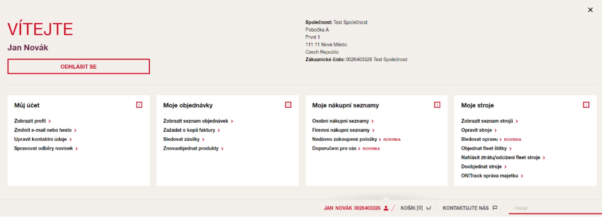 Uvítací stránka online účtu
