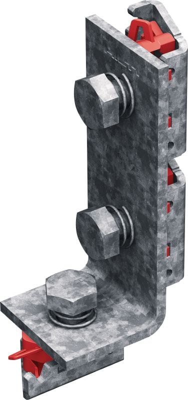 MT-C-L2E FL OC Předmontovaný rohový úhelník Prodloužený zesílený úhelník s předmontovanou maticí Fast-Lock a čepem pro montáž lehkých konstrukcí vzpěrných kanálů, pro venkovní použití s nízkým znečištěním.