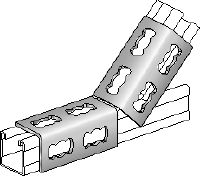MQW 45/135 °F Standardní žárově pozinkované (HDG – Hot-Dip Galvanized) úhelníky o 45 nebo 135 stupních k připojení několika podpěr nosníků MQ