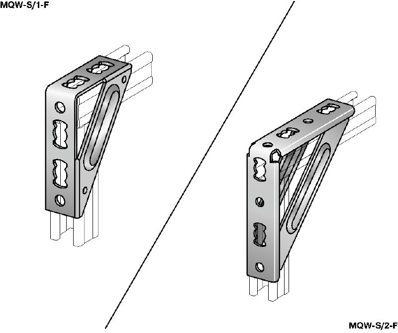 Zesílený úhelník MQW-S-F Žárově pozinkované (HDG – Hot-Dip Galvanized) těžké úhelníky o 90 stupních k připojení několika podpěr nosníků MQ při středně těžkých/těžkých aplikacích