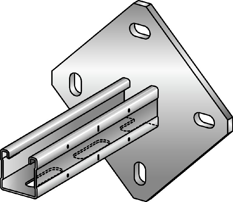 MQK-41/4-F Žárově pozinkovaná (HDG – Hot Dip Galvanized) konzola o výšce 41 mm, jednoduchý nosník MQ s čtvercovou patní deskou pro vyšší tuhost