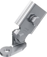 MT-S-H1 FL Předmontovaná základna seismické výztuhy Kloubová spojka s jedním otvorem a předmontovanou maticí Fast-Lock a čepem pro montáž seismického vyztužení rámů z MT vzpěrných kanálů.