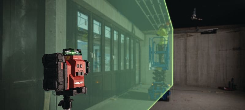 Multiliniový laser PM 50MG-22 Samonivelační laser s dobře viditelnými paprsky, třemi 360° zelenými liniemi a více než 15hodinovým provozem je určen k nivelaci, přenosům výšek, vytyčování pravých úhlů a vyrovnávání potrubí a kabelů (platforma Nuron) Použití 1