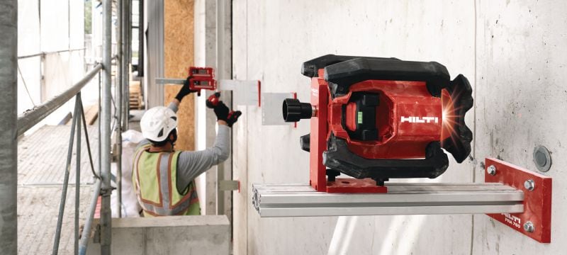 PR 40-22 rotační laser se sklonem v jedné ose Robustní venkovní rotační laser s automatickými funkcemi vyrovnání na velké vzdálenosti, zarovnávání, spádování a vyměřování pravých úhlů (platforma baterie Nuron) Použití 1