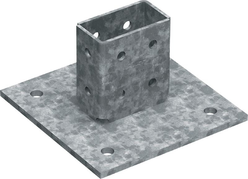 Patní deska MT-B-O4 OC pro 3D zatížení Patní spojka pro ukotvování nosníkových konstrukcí vystavovaných 3D zatěžování do betonu a oceli, pro venkovní použití s nízkým stupněm znečištění