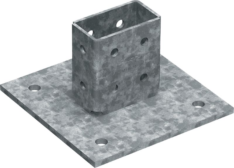 Patní deska MT-B-O4 OC pro 3D zatížení Patní spojka pro ukotvování nosníkových konstrukcí vystavovaných 3D zatěžování do betonu a oceli, pro venkovní použití s nízkým stupněm znečištění