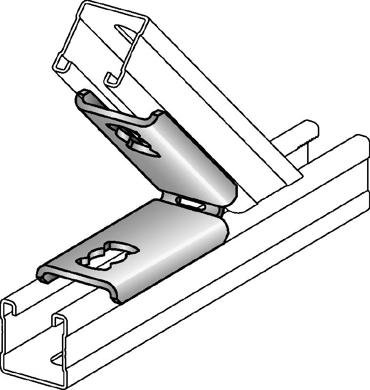 MQW 45/135 °F Standardní žárově pozinkované (HDG – Hot-Dip Galvanized) úhelníky o 45 nebo 135 stupních k připojení několika podpěr nosníků MQ
