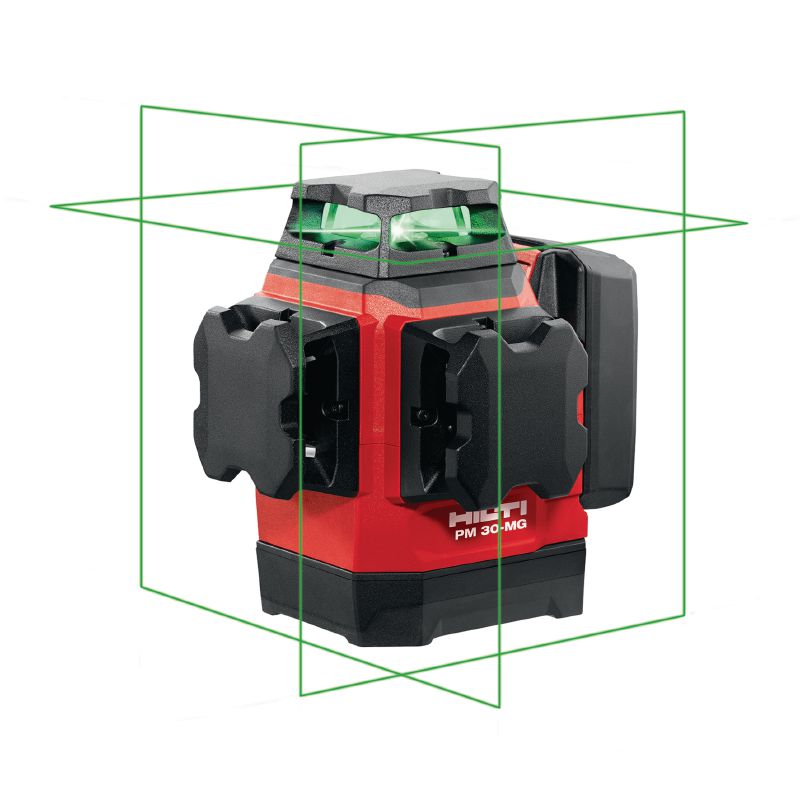 Zelený multiliniový laser PM 30-MG Kompaktní multiliniový laser – 3x360° samonivelační zelené linie umožňují rychlejší nivelaci, vyrovnávání a kontrolu pravoúhlosti (s 12V platformou baterií)