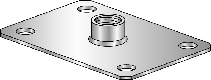 Patní deska pro vytvoření pevného bodu MGM 4 Vysoce kvalitní galvanicky pozinkovaná patní deska (s rozměry v imperiálních jednotkách) se 4 kotevními otvory pro vytvoření pevného bodu v oblastech použití s lehkým zatížením