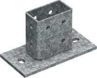 Patní deska MT-B-O2B OC pro 3D zatížení Patní spojka pro ukotvování nosníkových konstrukcí vystavovaných 3D zatěžování do betonu a oceli, pro venkovní použití s nízkým stupněm znečištění