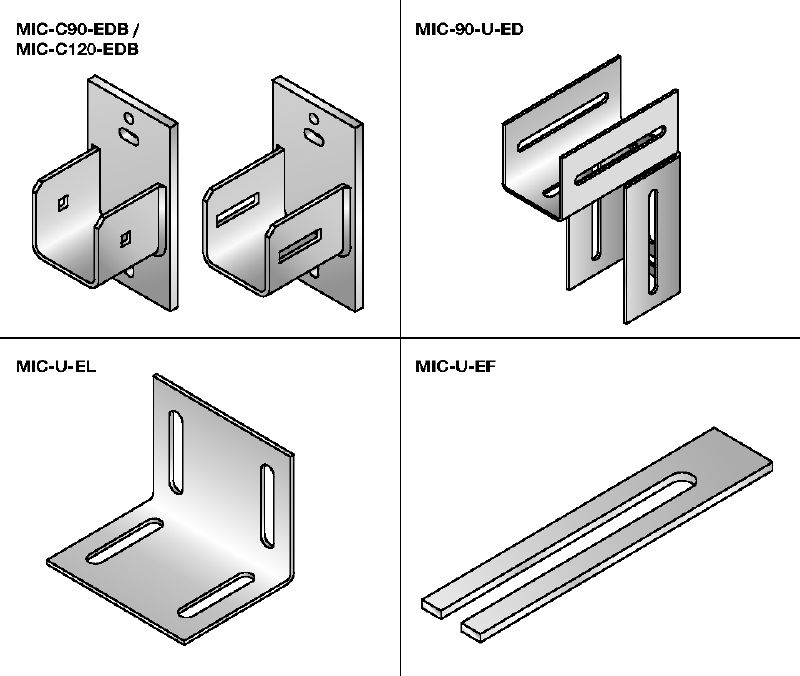 Spojka MIC Žárově pozinkované spojky pro flexibilní instalaci vodorovných dělicích nosníků ve výtahových šachtách