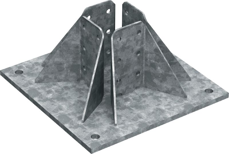 Masivní patní deska MT-B-GL O4 OC Patní spojka pro ukotvování 3D masivních nosníkových konstrukcí MT-90 do betonu, pro venkovní použití s nízkým stupněm znečištění