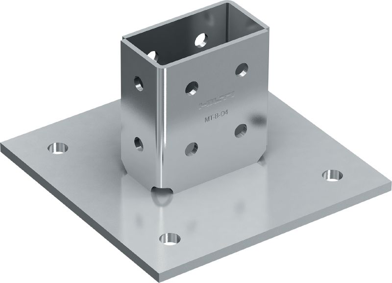 Patní deska MT-B-O4 pro 3D zatížení Patní spojka pro ukotvování nosníkových konstrukcí vystavovaných 3D zatížení do betonu a oceli