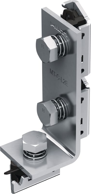 MT-C-L2E FL Předmontovaný rohový úhelník Prodloužený zesílený úhelník s předmontovanou maticí Fast-Lock a čepem pro montáž lehkých konstrukcí vzpěrných kanálů.