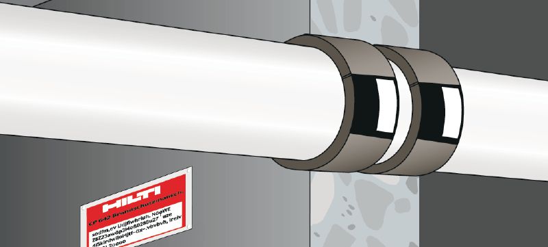 Samostatná protipožární zpěňující páska CP 648-S Předřezaná flexibilní protipožární zpěňující páska pomáhá vytvořit ohňovou a kouřovou bariéru okolo hořlavého potrubí Použití 1