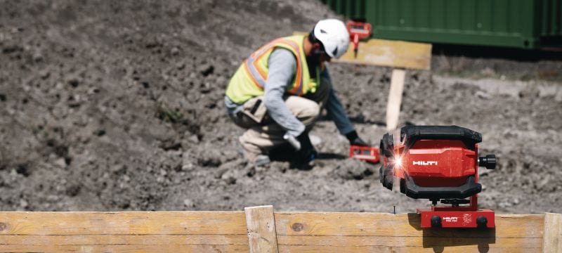 PR 40-22 rotační laser se sklonem v jedné ose Robustní venkovní rotační laser s automatickými funkcemi vyrovnání na velké vzdálenosti, zarovnávání, spádování a vyměřování pravých úhlů (platforma baterie Nuron) Použití 1