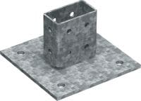 Patní deska MT-B-O4 OC pro 3D zatížení Patní spojka pro ukotvování nosníkových konstrukcí vystavovaných 3D zatěžování do betonu a oceli, pro venkovní použití s nízkým stupněm znečištění