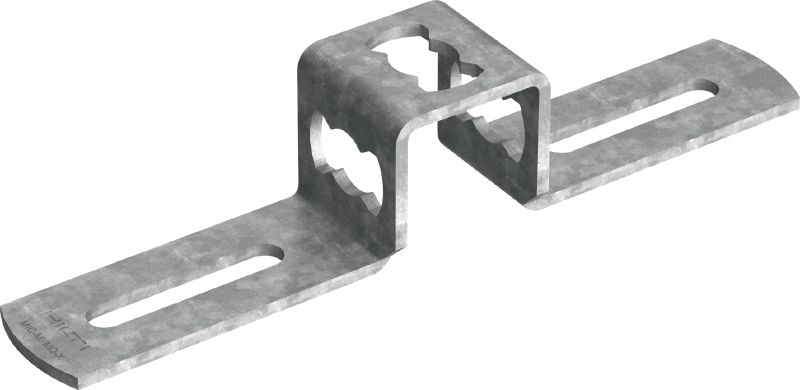 MIC-MI/MQ-X Žárově pozinkovaná (HDG – hot-dip galvanized) spojka k upevnění sloupků z MQ profilů kolmo na nosníky MI