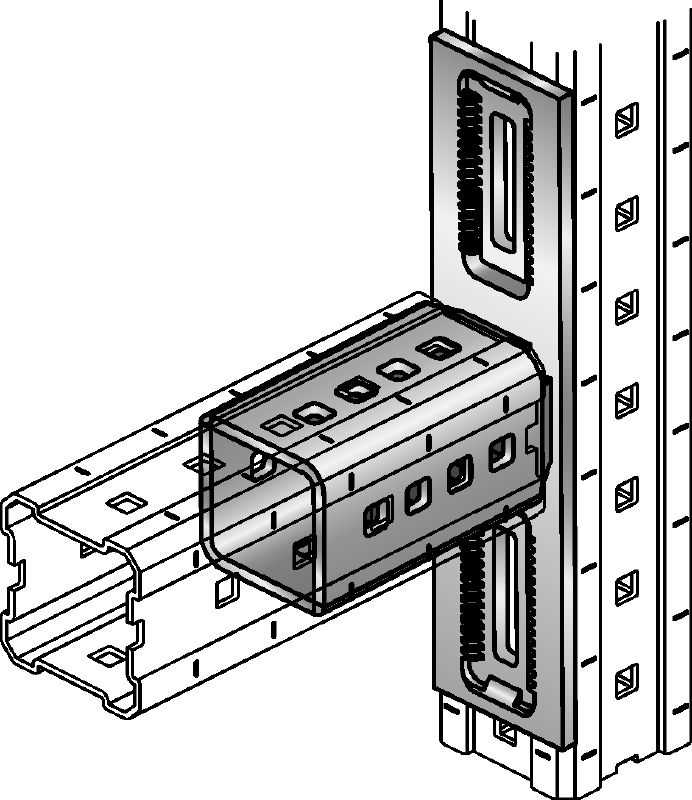 MIC-L Žárově pozinkovaná (HDG – hot-dip galvanized) spojka k upevnění nosníků MI kolmo navzájem