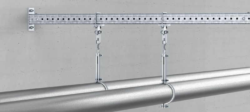 Příslušenství závěsu potrubí MIC-SPH Žárově pozinkované (HDG – hot-dip galvanized) příslušenství upevněné k nosníkům MI na podporu zavěšeného potrubí Použití 1