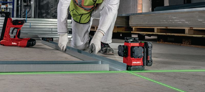 Multiliniový laser PM 50MG-22 Samonivelační laser s dobře viditelnými paprsky, třemi 360° zelenými liniemi a více než 15hodinovým provozem je určen k nivelaci, přenosům výšek, vytyčování pravých úhlů a vyrovnávání potrubí a kabelů (platforma Nuron) Použití 1