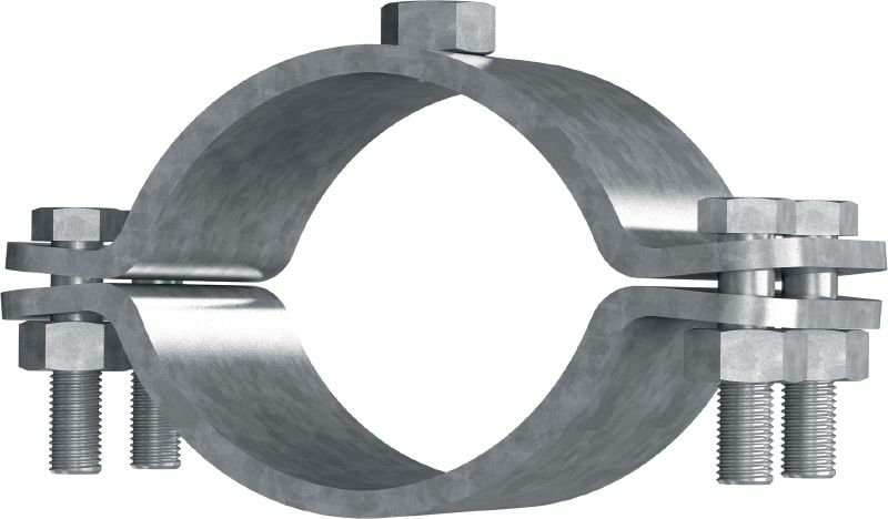 MFP-F Potrubní objímka pro použití s pevnými body Žárově pozinkovaná (HDG – Hot-Dip Galvanized) potrubní objímka s pevným bodem s maximální výkonností při použití v těžce namáhaných konstrukcích