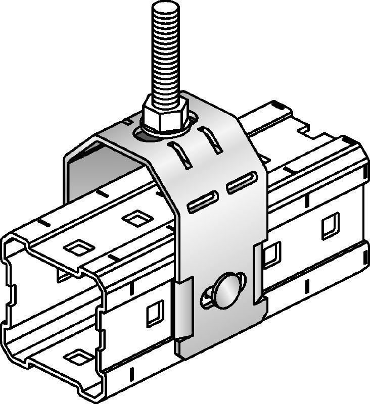 Spojka MIC-TRC (dvojitá) Žárově pozinkovaná (HDG – hot-dip galvanized) spojka k upevnění závitových tyčí M12 (1/2) a M20 (3/4) k nosníkům MI Použití 1