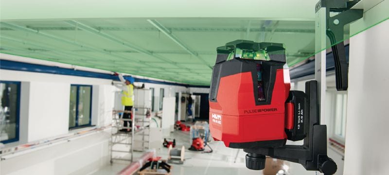 Multiliniový laser PM 40-MG Multiliniový laser se 3 liniemi pro vyrovnávání potrubí, nivelace, přenosy výšek a vyměřování pravých úhlů se zeleným paprskem Použití 1