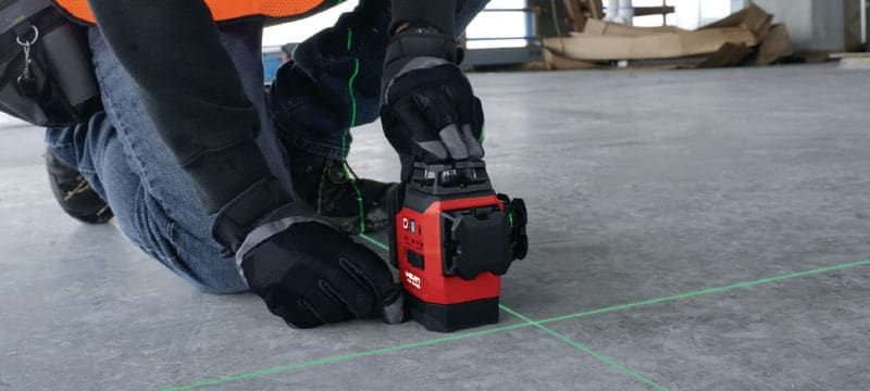 Zelený multiliniový laser PM 30-MG Kompaktní multiliniový laser – 3x360° samonivelační zelené linie umožňují rychlejší nivelaci, vyrovnávání a kontrolu pravoúhlosti (s 12V platformou baterií) Použití 1