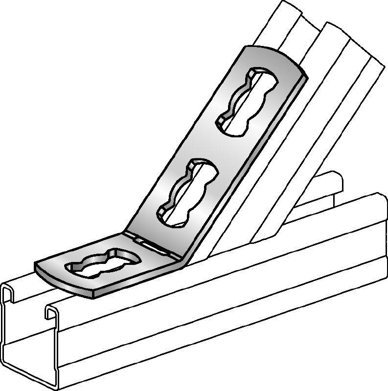 MQW 45/135 °F Standardní žárově pozinkované (HDG – Hot-Dip Galvanized) úhelníky o 45 nebo 135 stupních k připojení několika podpěr nosníků MQ