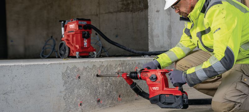 Akumulátorové vrtací kladivo TE 30-22 Výkonné akumulátorové vrtací kladivo SDS Plus (TE-C) s aktivním omezováním vibrací a aktivní kontrolou krouticího momentu pro vrtání do betonu a sekání (akumulátorová platforma Nuron) Použití 1