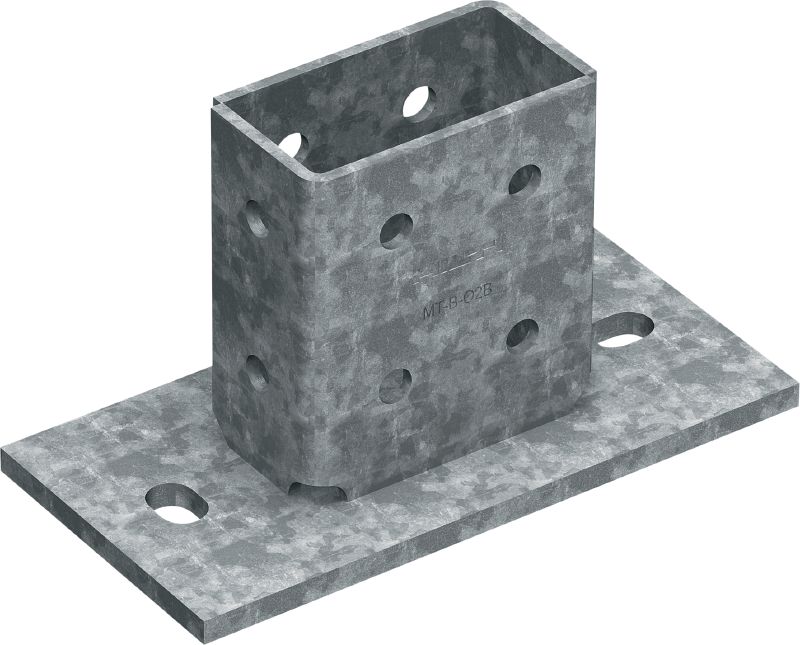 Patní deska MT-B-O2B OC pro 3D zatížení Patní spojka pro ukotvování nosníkových konstrukcí vystavovaných 3D zatěžování do betonu a oceli, pro venkovní použití s nízkým stupněm znečištění