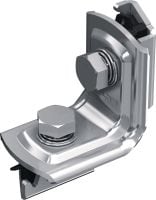 MT-C-Q1 FL Předmontovaný rohový úhelník Zesílený úhelník konzola s předmontovanou maticí Fast-Lock a čepem pro montáž lehkých konstrukcí vzpěrných kanálů.