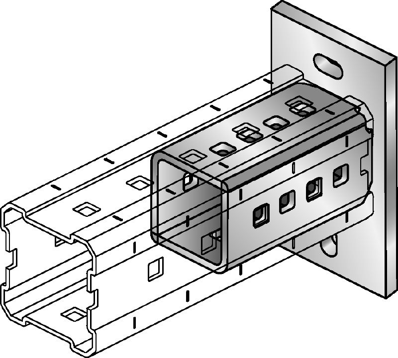 MIC-C-AA/-D Žárově pozinkovaná (HDG – hot-dip galvanized) patní deska k uchycení nosníků MI-90 k betonu pomocí dvou kotev