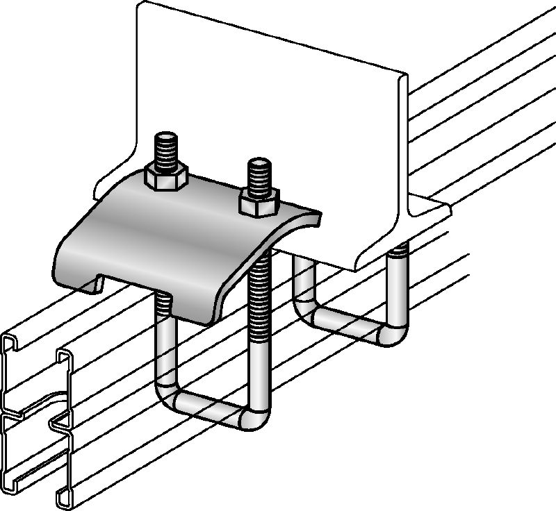 Nosníková svorka MQT Galvanicky pozinkovaná nosníková svorka k připojování podpěr nosníků MQ přímo k ocelovým sloupům