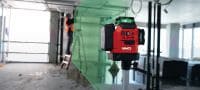 Zelený multiliniový laser PM 30-MG Kompaktní multiliniový laser – 3x360° samonivelační zelené linie umožňují rychlejší nivelaci, vyrovnávání a kontrolu pravoúhlosti (s 12V platformou baterií) Použití 4