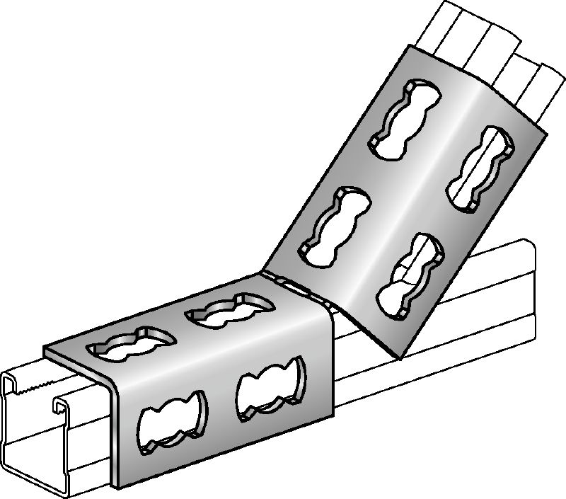 MQW 45/135 °F Standardní žárově pozinkované (HDG – Hot-Dip Galvanized) úhelníky o 45 nebo 135 stupních k připojení několika podpěr nosníků MQ