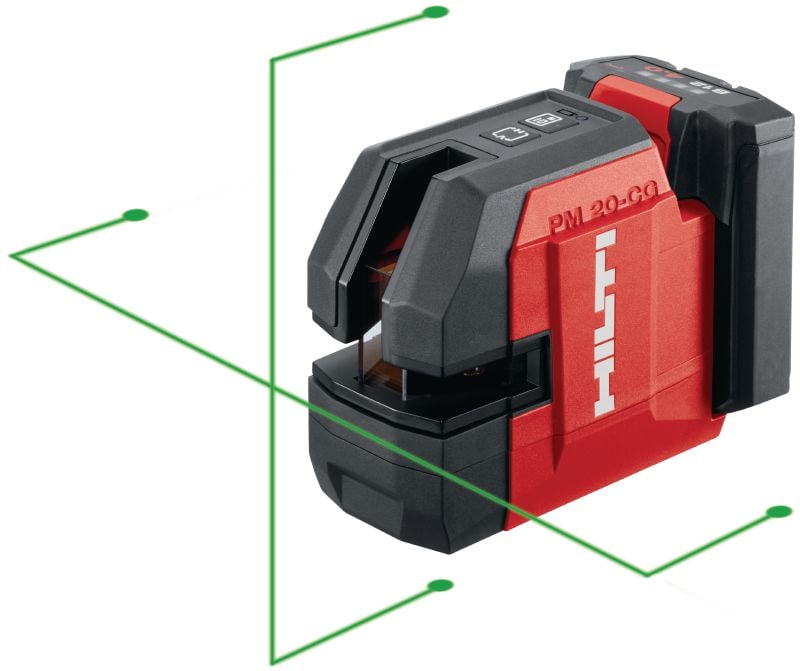 12V olovnicový a křížový laser PMC 20-CG Kombinovaný laser se zeleným paprskem se 2 liniemi a 5 body pro kontrolu svislosti, nivelace, zarovnávání a vyměřování pravých úhlů (s 12V baterií)