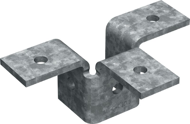 Křídlové upevnění MT-C-T 3D/3 OC Trojité křídlové upevnění pro spojování čtyř nosníků ve 3D konstrukci, pro venkovní použití s nízkým stupněm znečištění