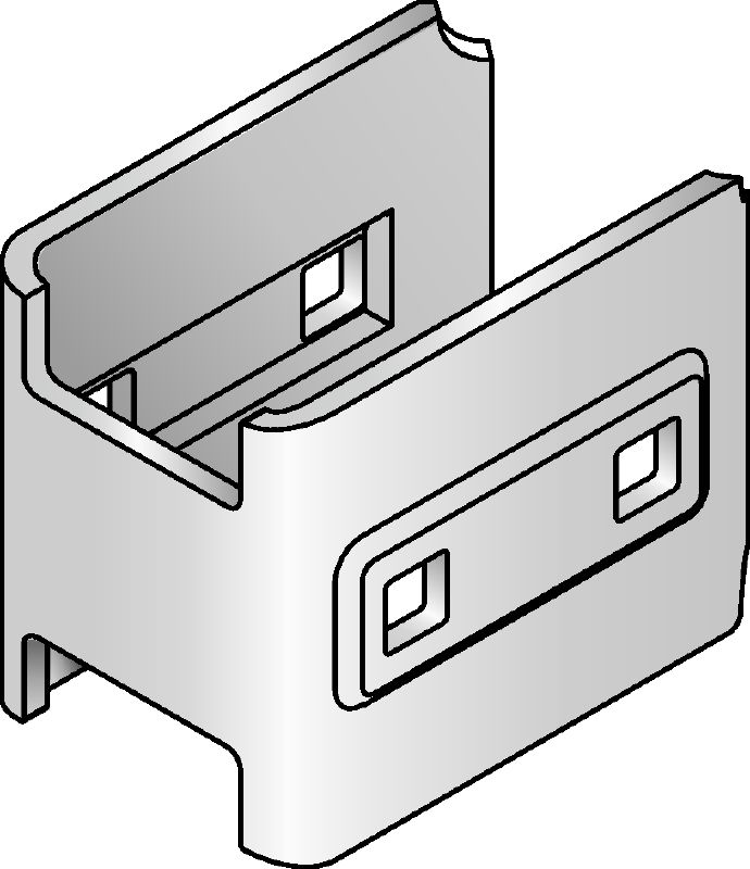 Spojka MIQC-SC Žárově pozinkovaná (HDG – hot-dip galvanized) spojka používaná s patními deskami MIQ, které umožňují libovolné místo upevnění nosníku